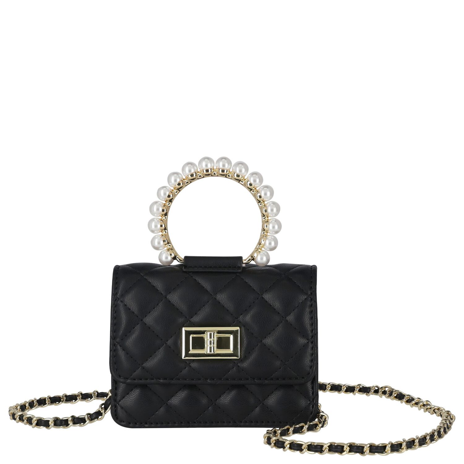 Girls Black Faux Leather Quilted Handbag, 1, hi-res