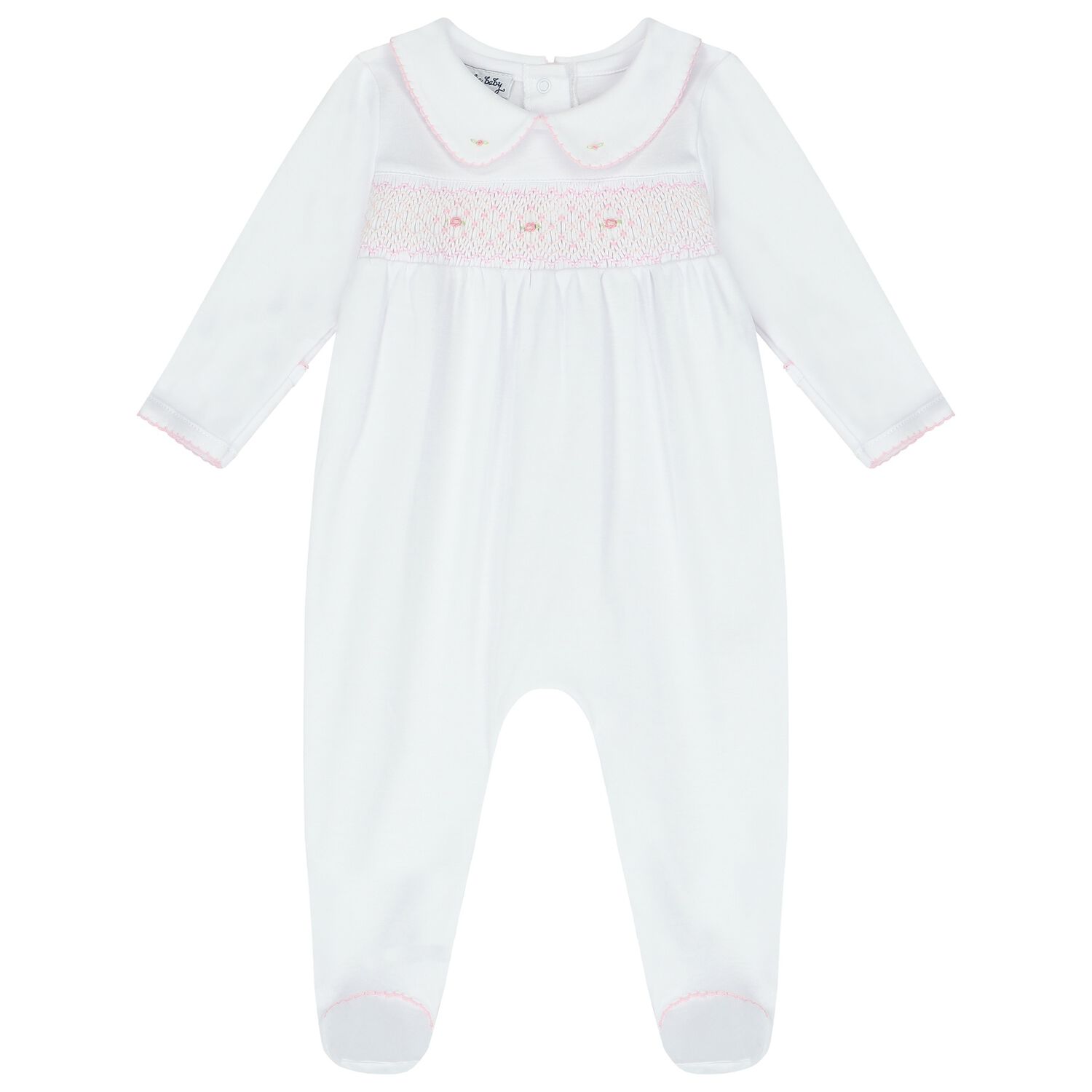Baby Girls White and Pink Smocked Babygrow, 1, hi-res image number null