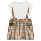 Girls White & Beige Check Ruffled Dress, 1, hi-res