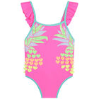 Girls Neon Pink Ruffle Swimsuit, 1, hi-res