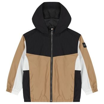 Boys Beige, Black & White Logo Windbreaker