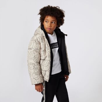 Boys Beige & Black Logo Reversible Puffer Jacket
