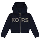 Girls Navy Blue Logo Hooded Zip Up Top, 2, hi-res