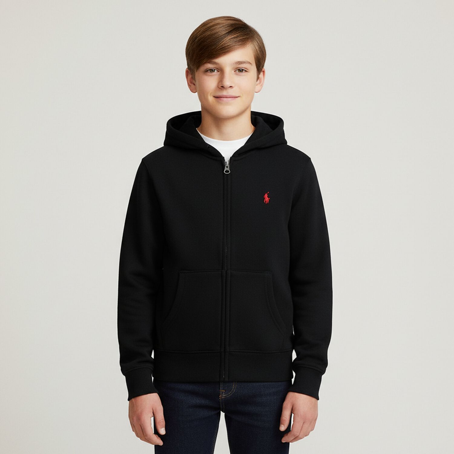 Boys Black Logo Hooded Zip Up Top, 1, hi-res