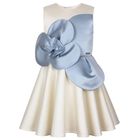 Girls White & Blue Flower Satin Dress, 1, hi-res