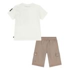 Younger Boys Ivory & Beige Logo Shorts Set, 1, hi-res