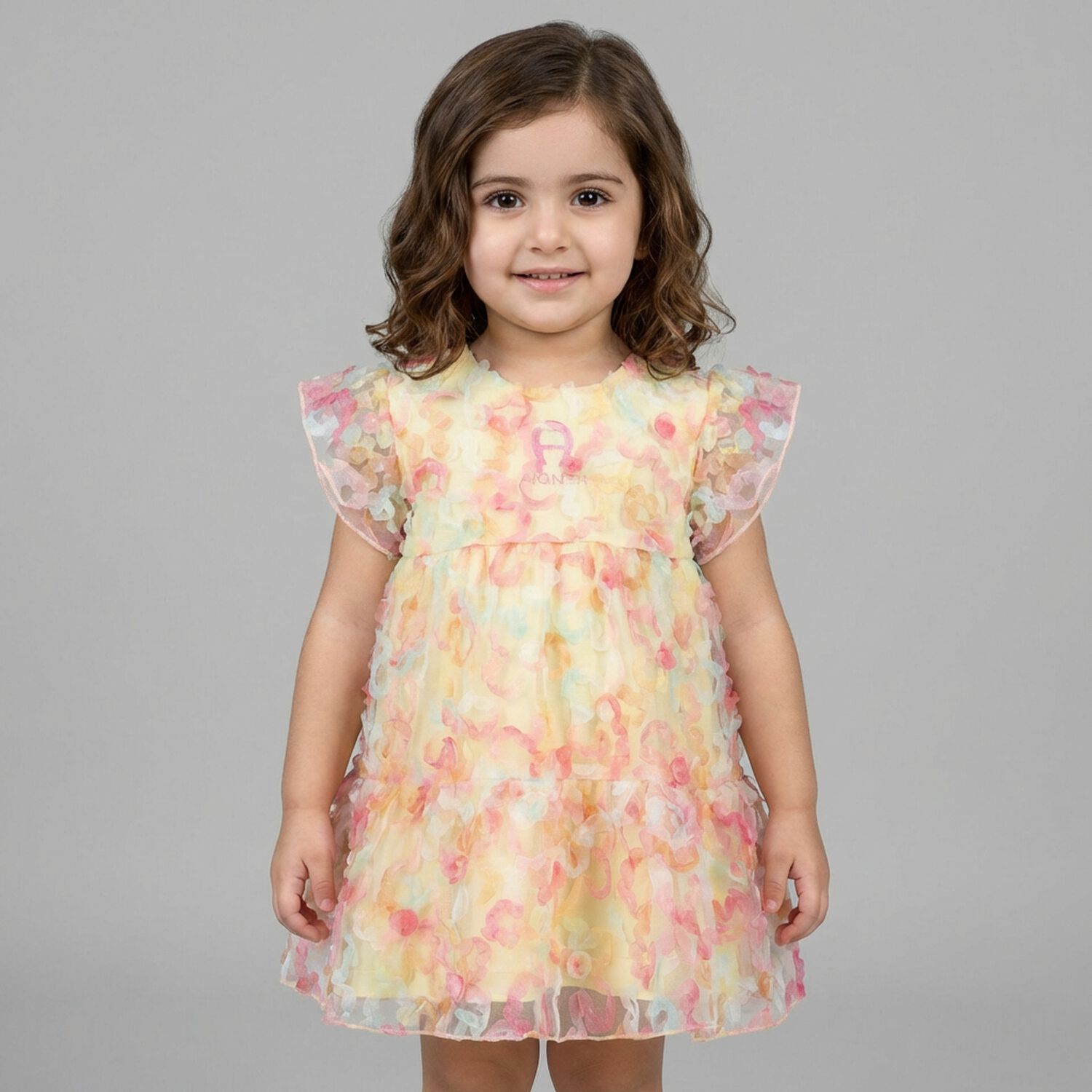 Younger Girls Yellow & Pink Logo Floral Tulle Dress, 1, hi-res