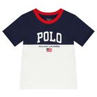 طقم شورت أولاد  بالشعار باللون الأبيض والكحلي, 1, hi-res