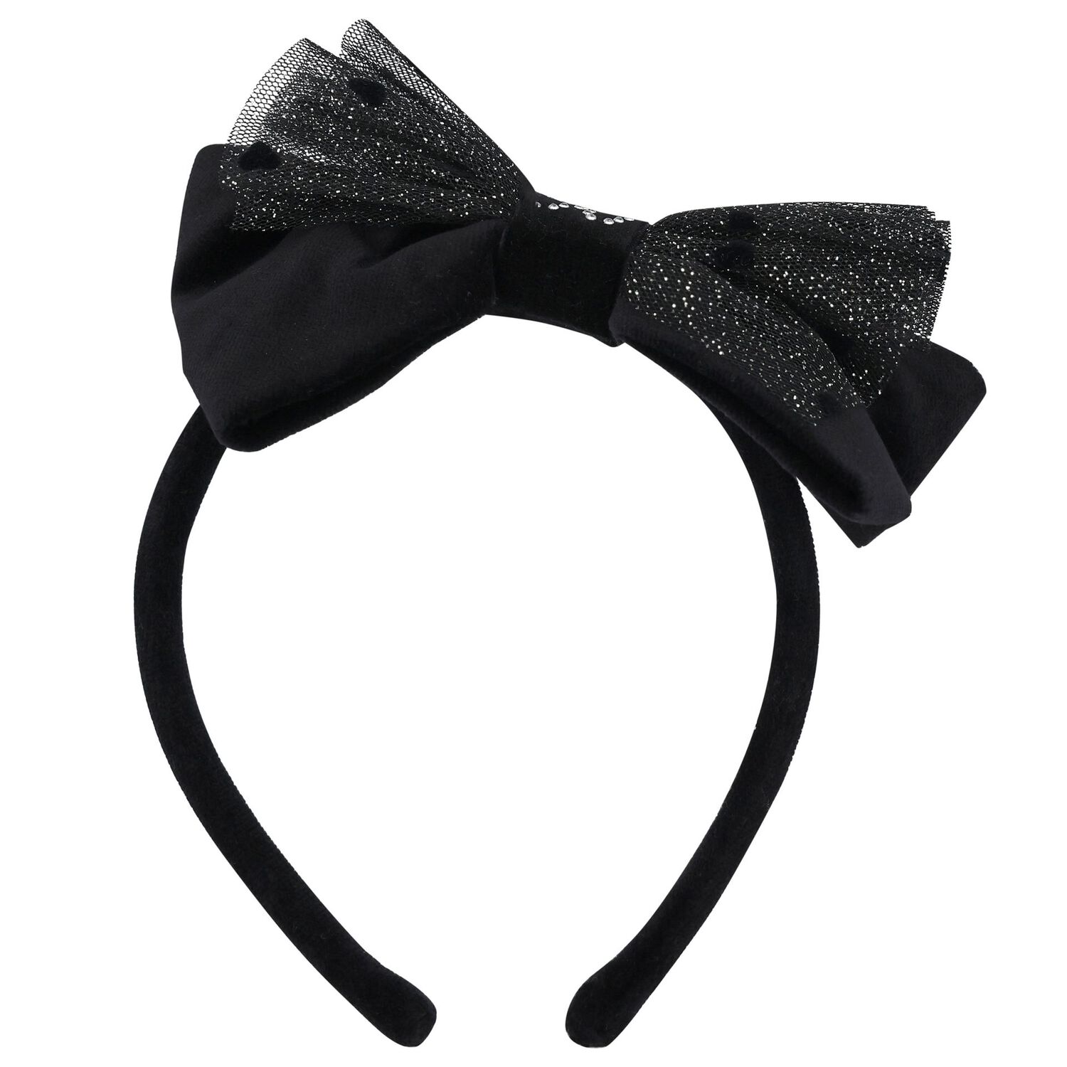 Girls Black Velvet Bow Headband, 1, hi-res