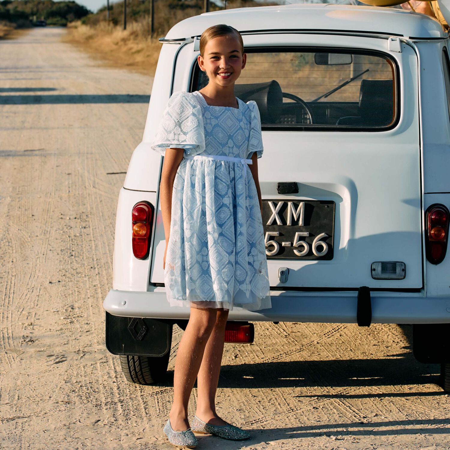 Girls Blue & White Embroidered Tulle Dress, 1, hi-res image number null