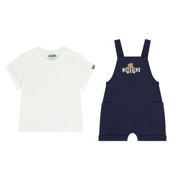 Younger Navy Blue & White Teddy Bear Logo Dungaree Set