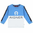 Younger Boys Blue & White Logo Long Sleeve Top, 3, hi-res