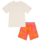 طقم بنات شورت بشعار تريفويل باللون البيج والوردي, 1, hi-res