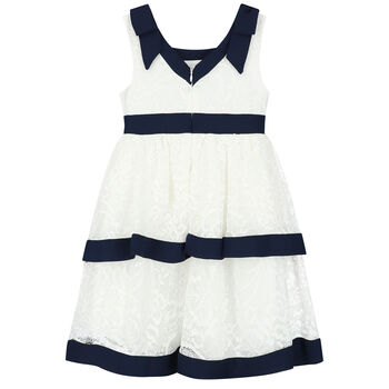 Girls White & Navy Lace Dress