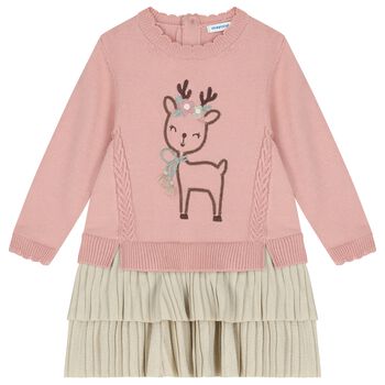 Younger Girls Pink & Beige Knitted Reindeer Dress