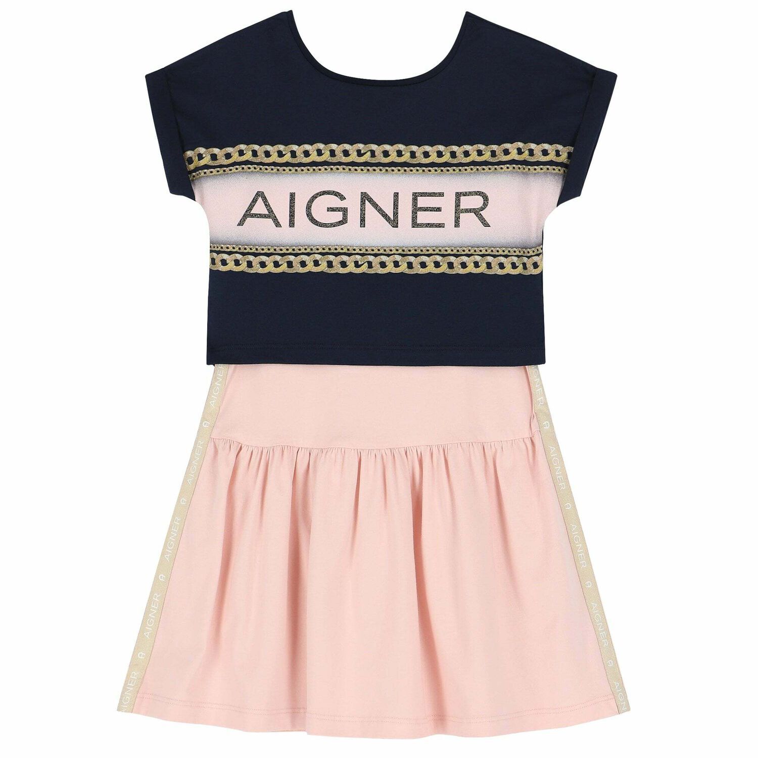 Girls Pink and Navy Blue Logo Dress Set, 2, hi-res image number null