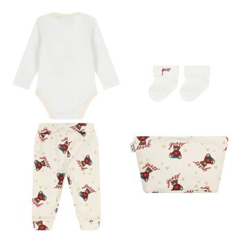 Ivory & White Teddy Bear Logo Baby Bodysuit Set