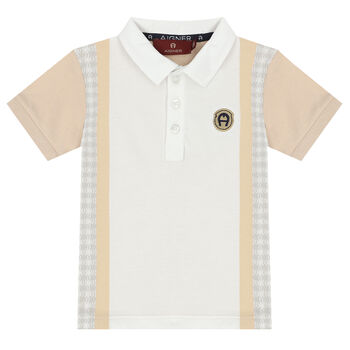 Younger Boys White & Beige Logo Polo Shirt