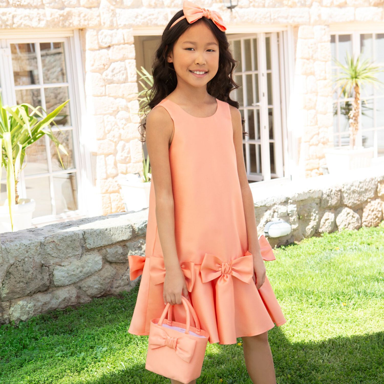 Girls Orange Bow Dress, 1, hi-res image number null