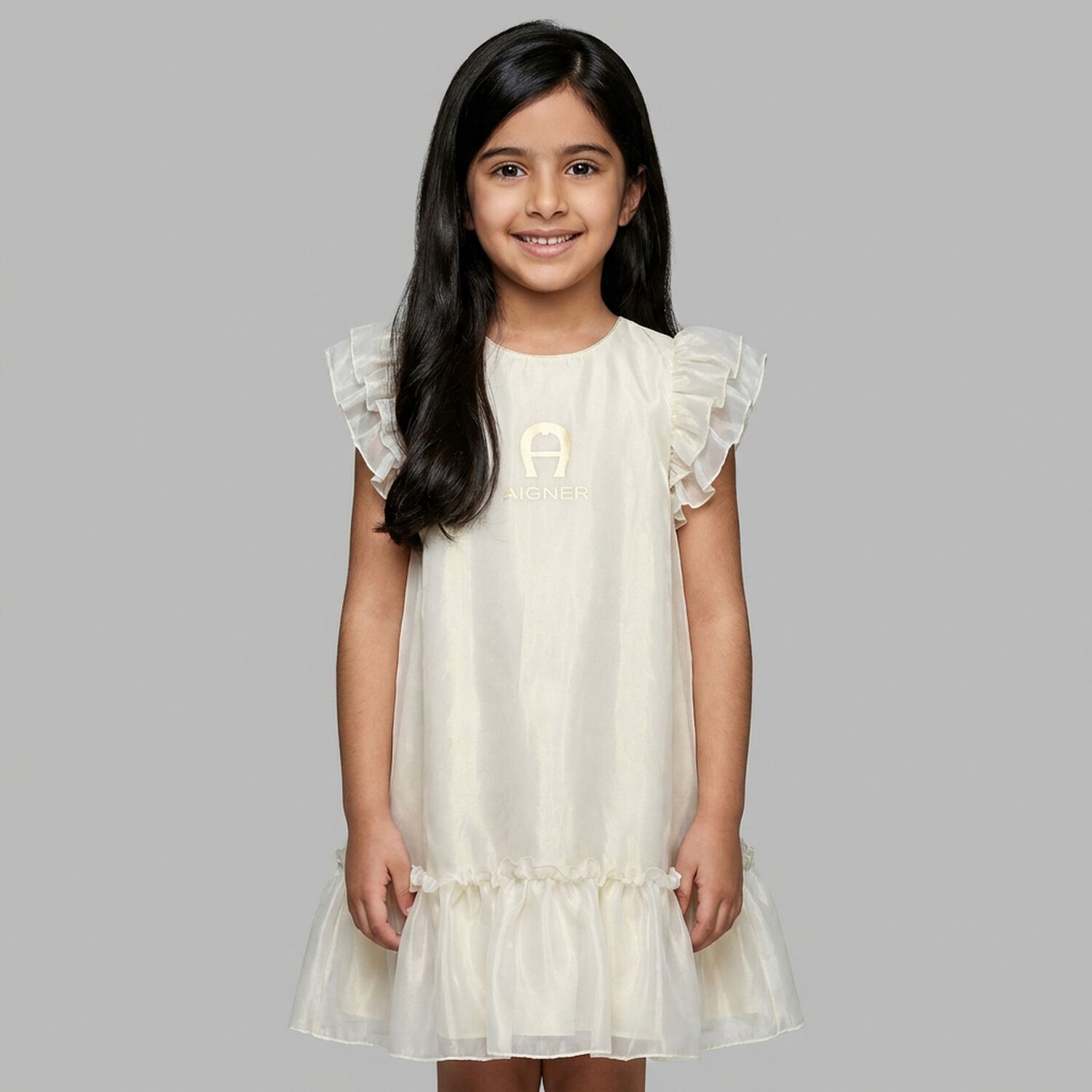 Girls Gold Logo Dress, 1, hi-res