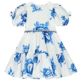 Girls White & Blue Floral Dress