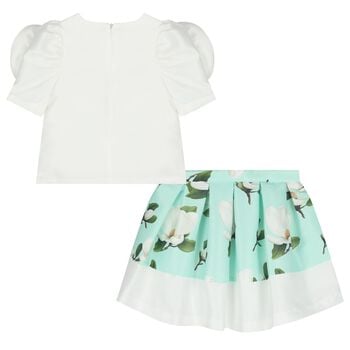 Girls White & Green Floral Skirt Set