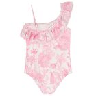 Girls White & Pink Palm Tree Swimsuit, 1, hi-res