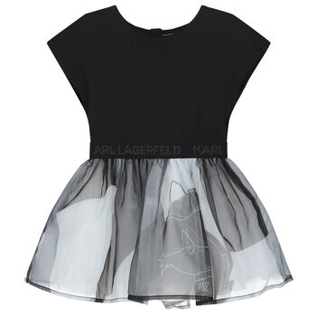 Younger Girls Black & White Logo Organza Dress