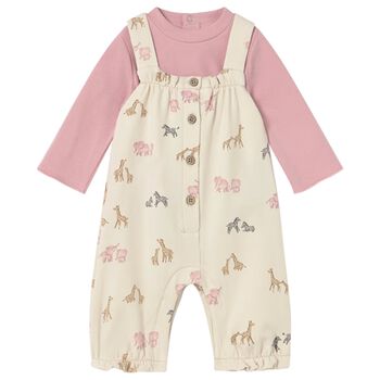 Baby Girls Ivory & Pink Animals Baby Dungaree Set