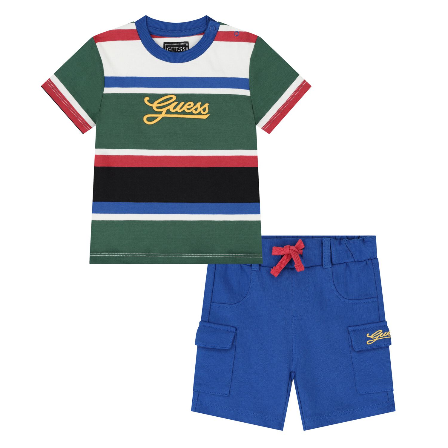 Younger Boys Blue Logo Striped Shorts Set, 1, hi-res