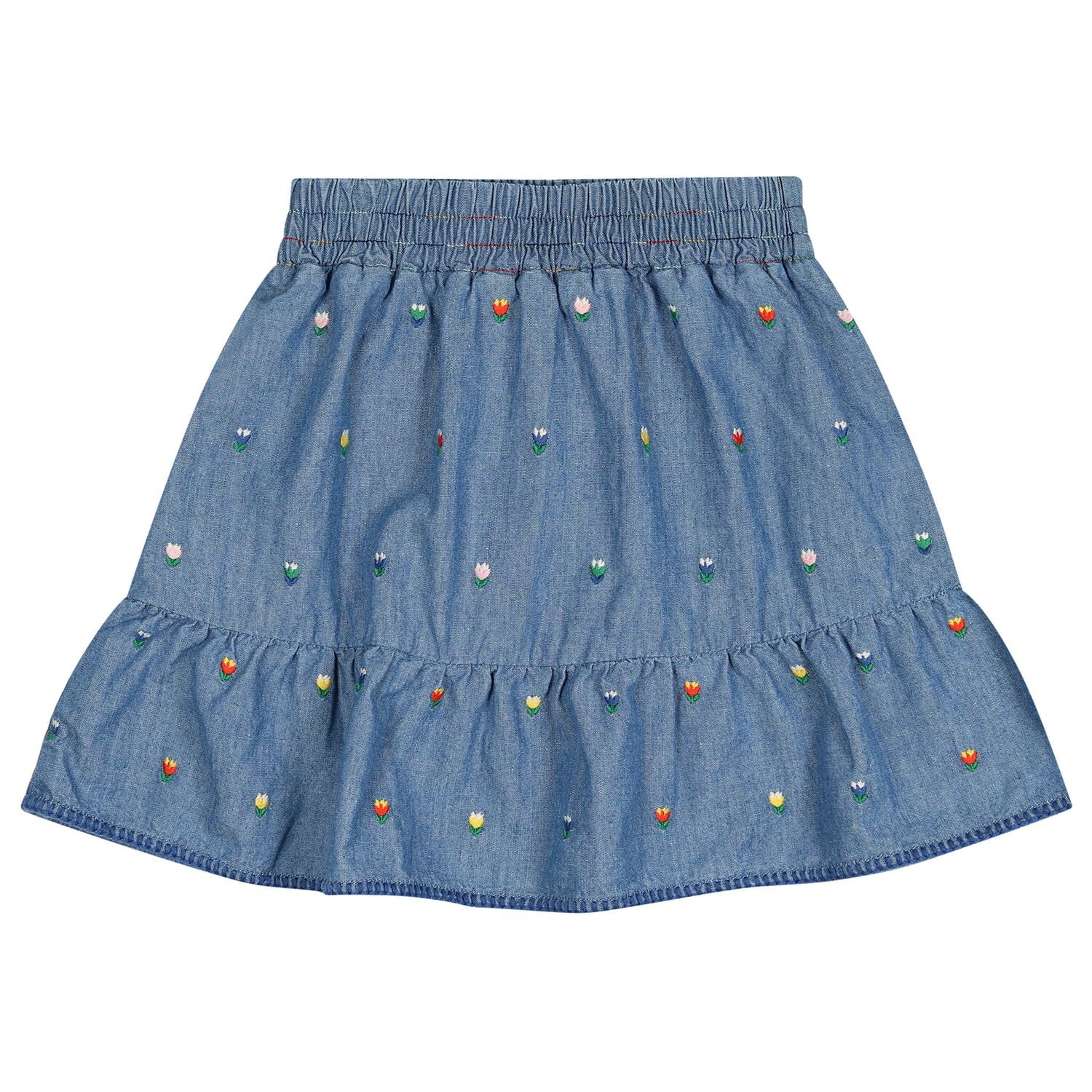 Girls Denim Blue Floral Skirt, 1, hi-res