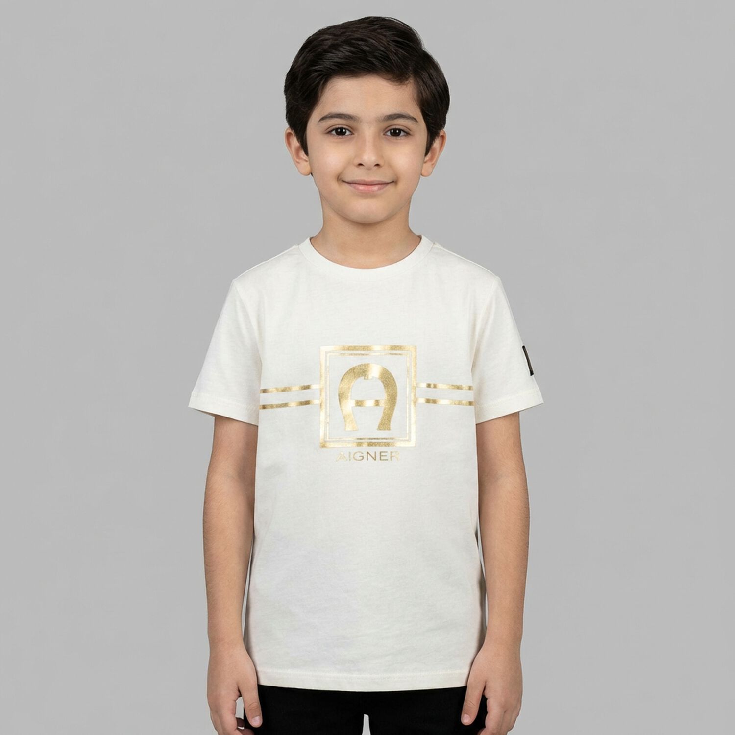 Boys Ivory & Gold Logo T-Shirt, 1, hi-res