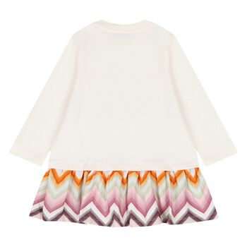 Younger Girls Ivory & Pink Zig Zag Logo Dress