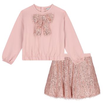 Girls Pink Sequined & Fringed Skirt Set