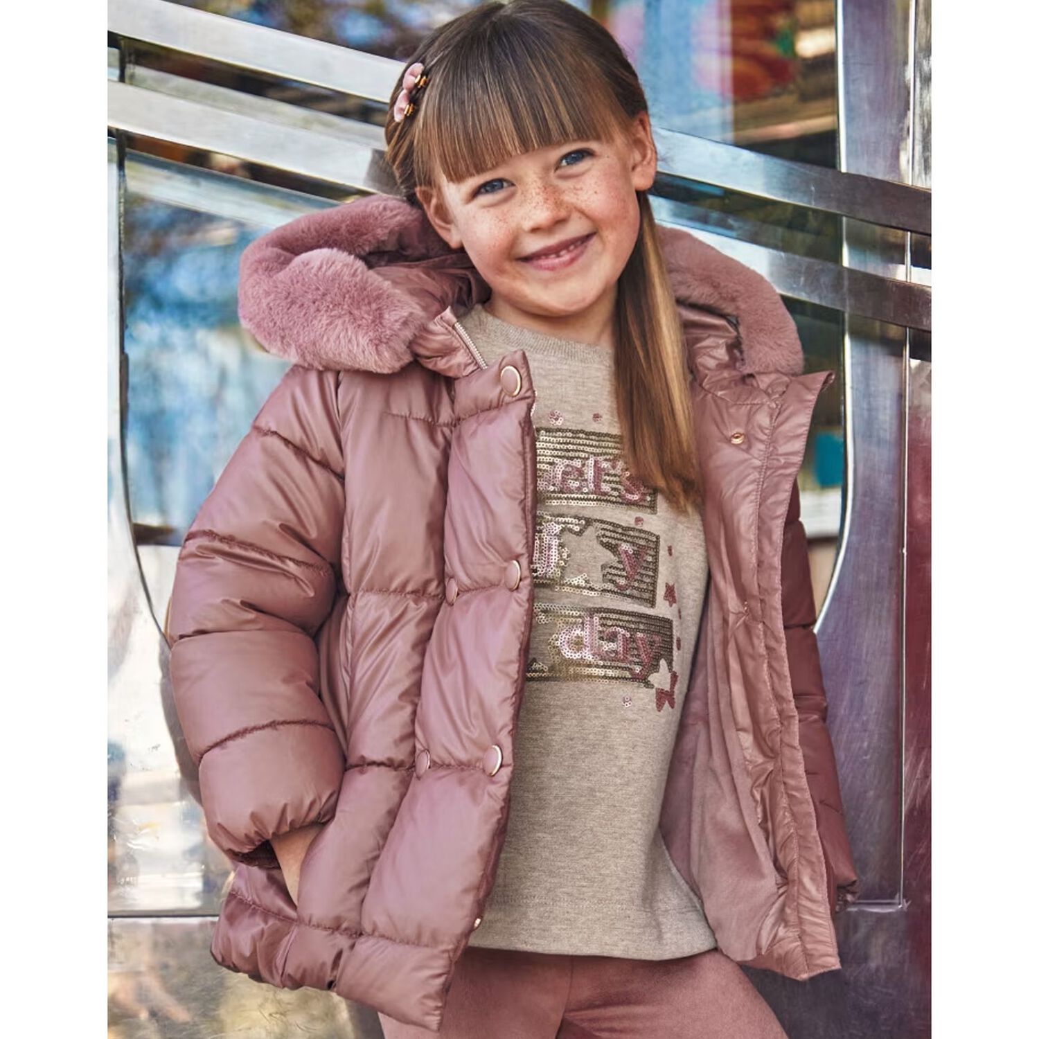 Girls Pink Puffer Coat, 1, hi-res image number null
