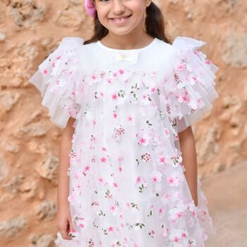 Girls White & Pink Tulle Flowers Dress