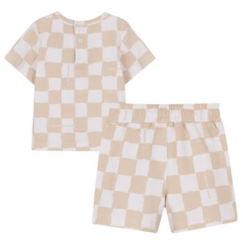 Younger Beige & White Check Shorts Set