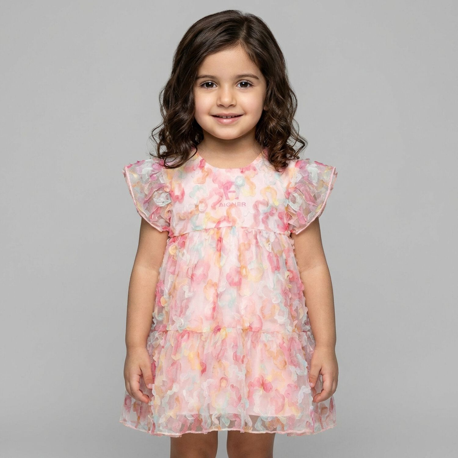 Younger Girls Pink Logo Floral Tulle Dress, 2, hi-res