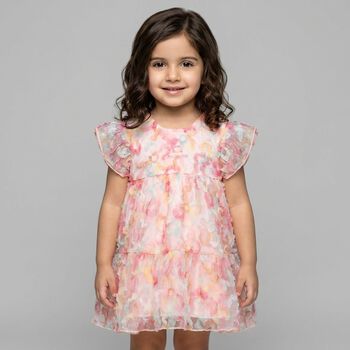 Younger Girls Pink Logo Floral Tulle Dress
