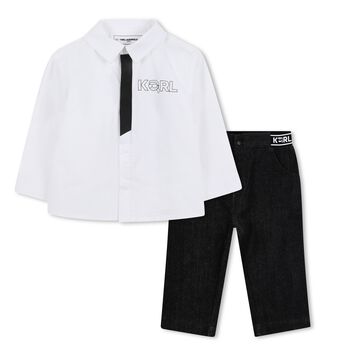 Younger Boys White & Black Denim Trousers Set