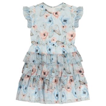 Girls Blue Floral & Butterfly Tiered Dress