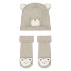 Beige Bear Hat & Socks Baby Set, 2, hi-res