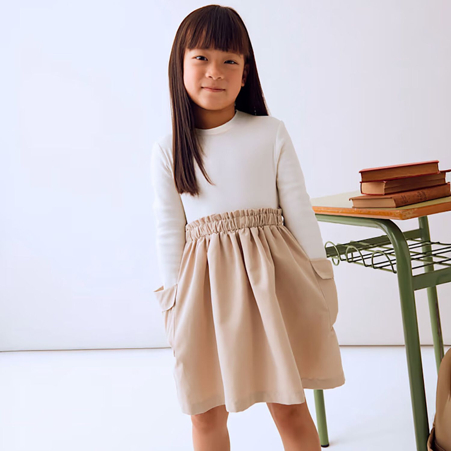Girls Ivory & Beige Dress, 1, hi-res