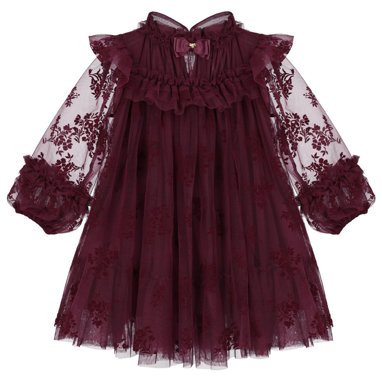 Girls Burgundy Floral Ruffled Tulle Dress, 1, hi-res