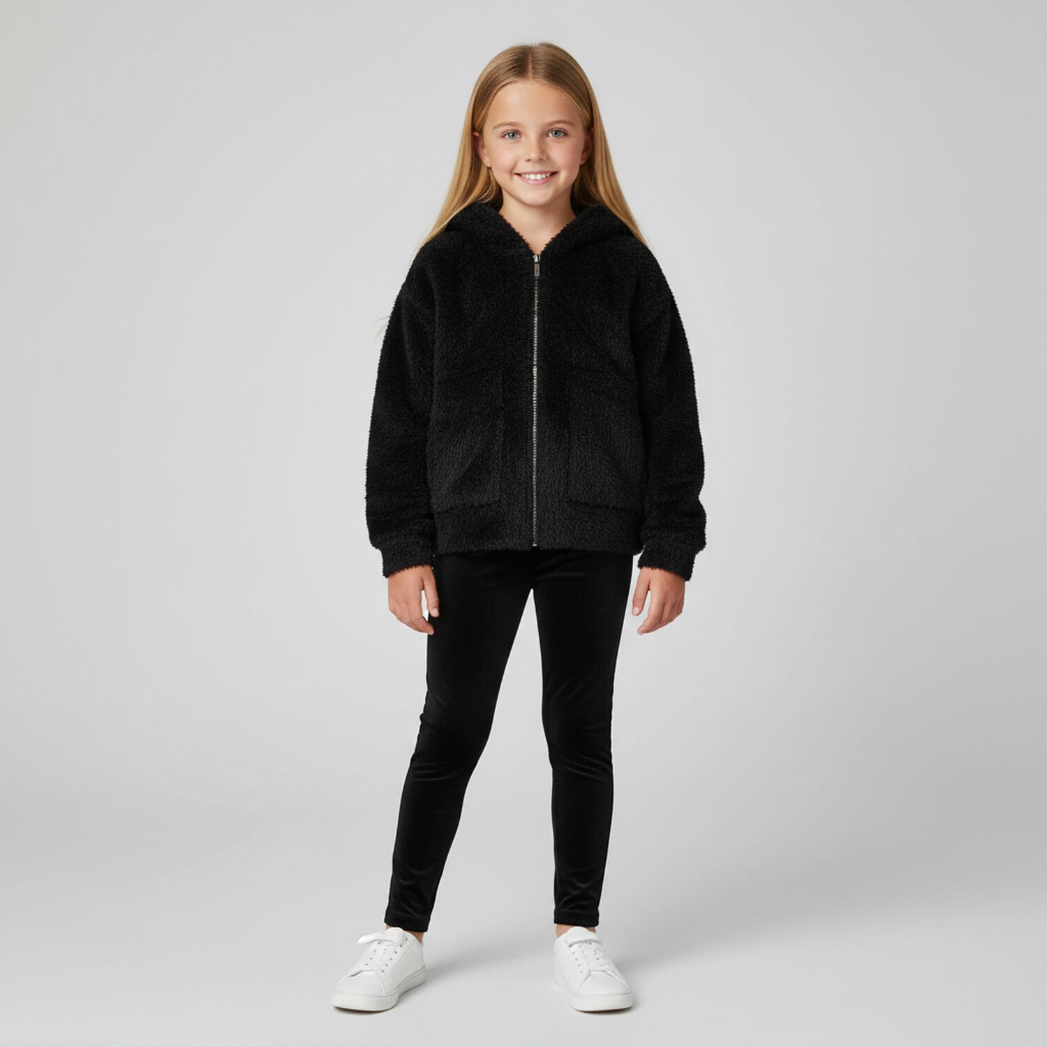 Girls Black Fluffy Knit Hooded Zip Up Top, 1, hi-res