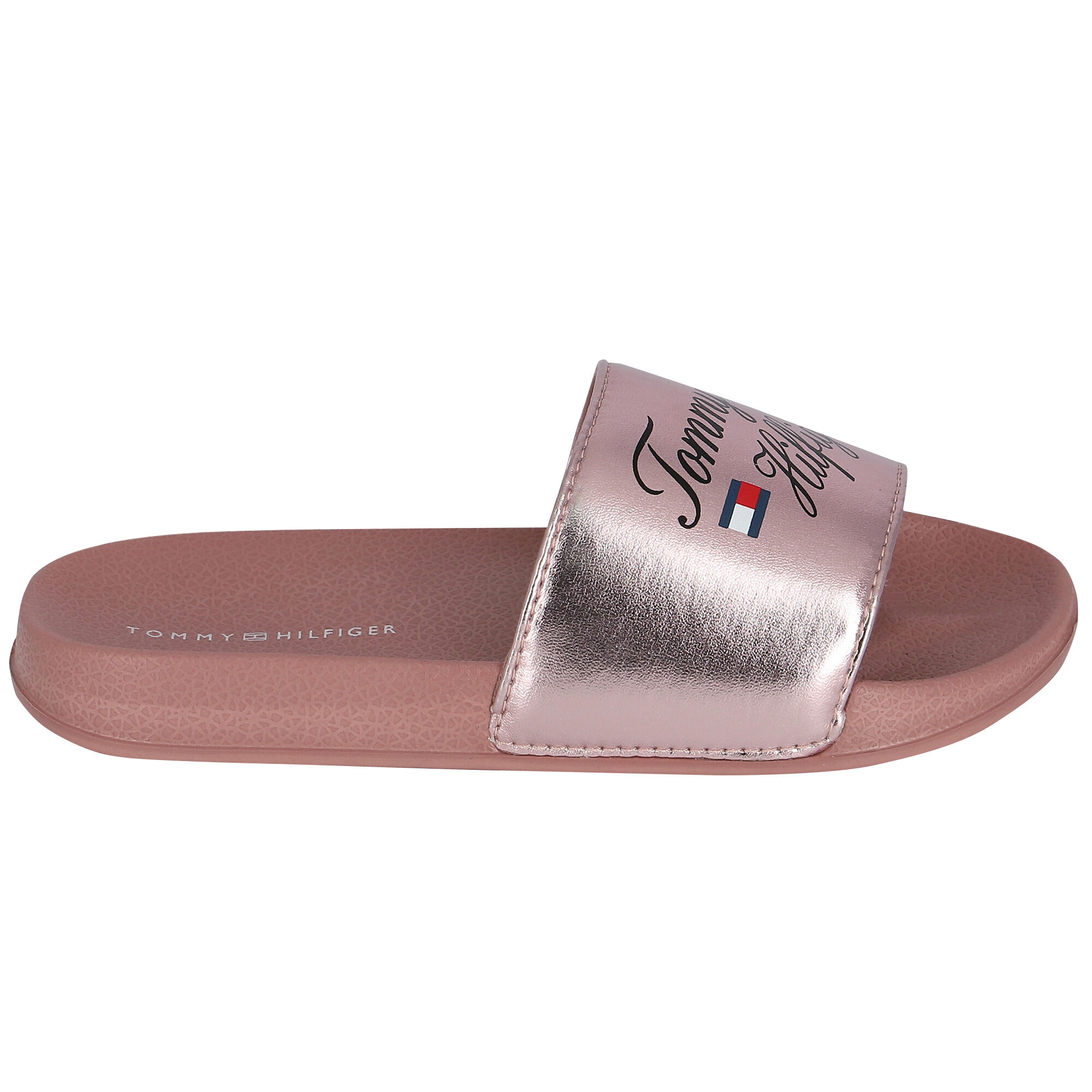 Tommy Hilfiger Girls Rose Gold Logo Sliders Junior Couture UAE