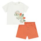 Younger Boys White & Orange Shorts Set, 1, hi-res