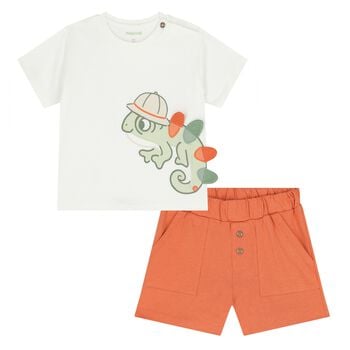 Younger Boys White & Orange Shorts Set