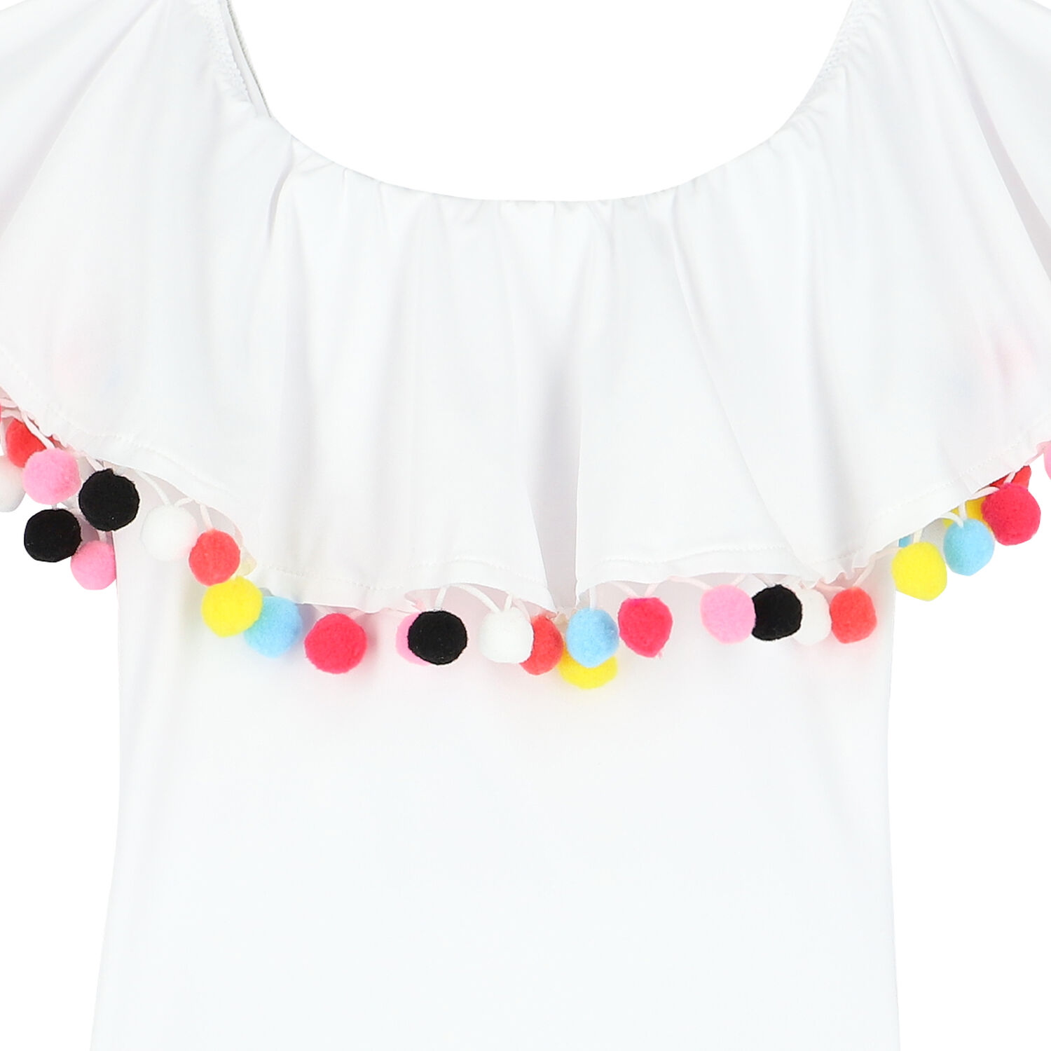 Girls White Pom-Pom Swimsuit, 1, hi-res