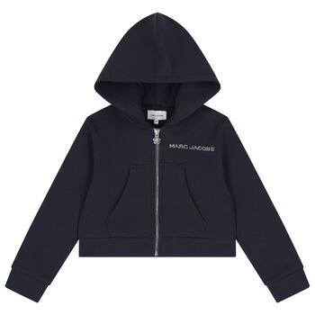 Girls Navy Blue Logo Hooded Zip Up Top